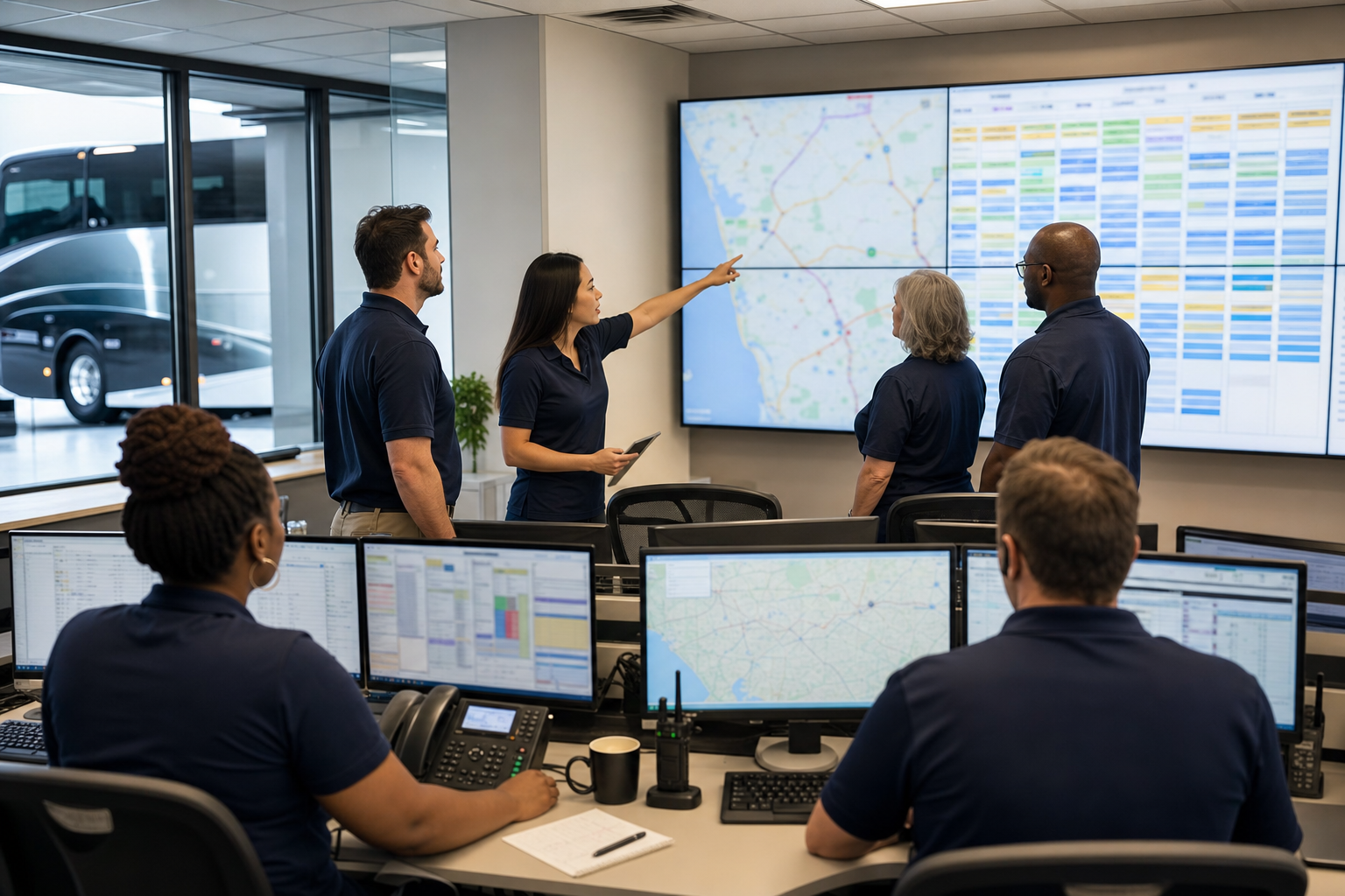 Charter operations and dispatch team coordinating routes and schedules